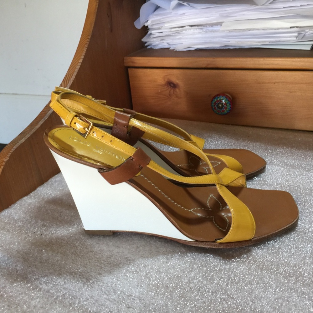 Louis Vuitton heels wedges yellow BROWN PATENT leather 36.5 platforms ITALY